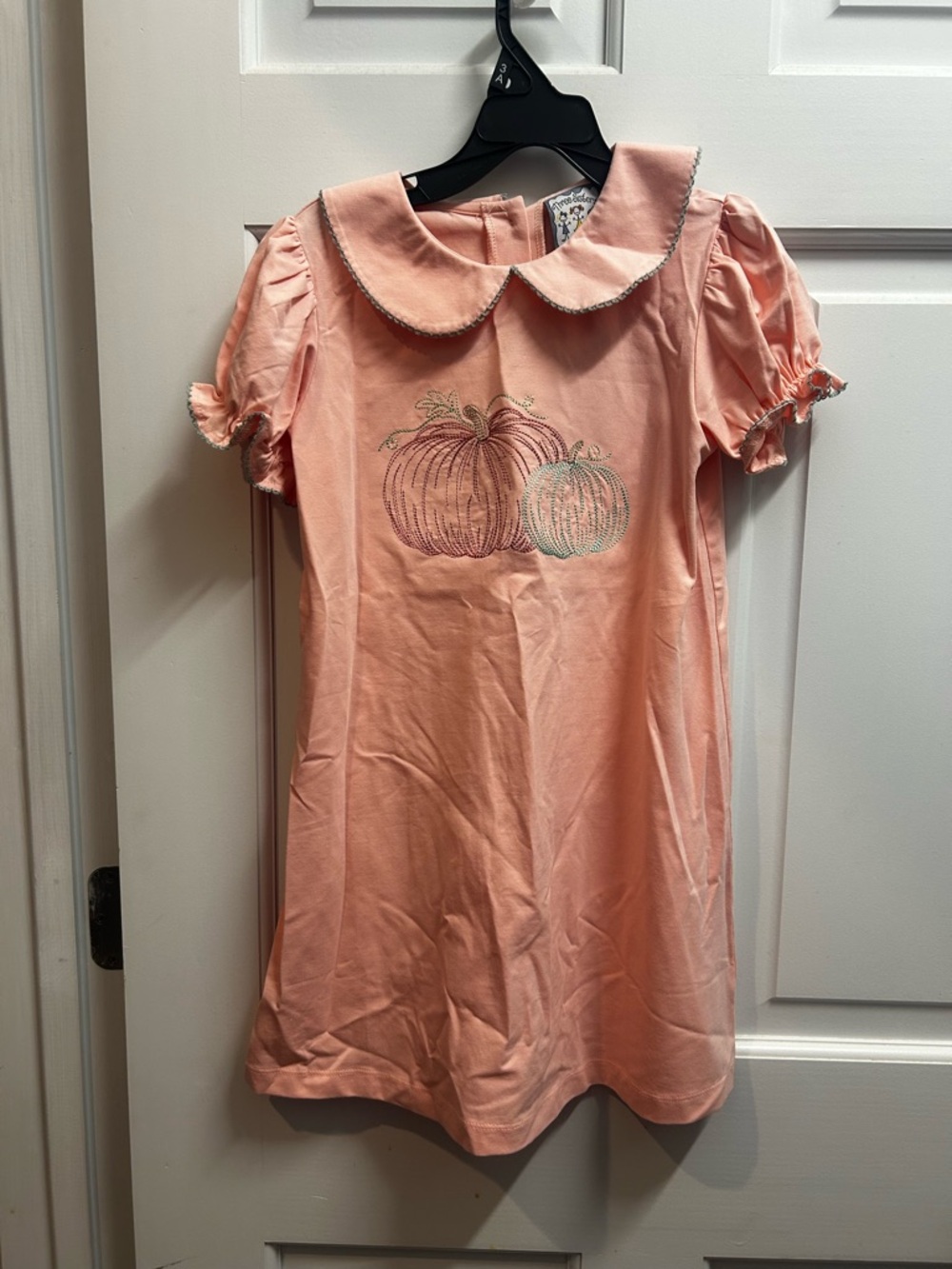 Girls' Peach Pumpkin Embroidered Dress with Peter Pan Collar